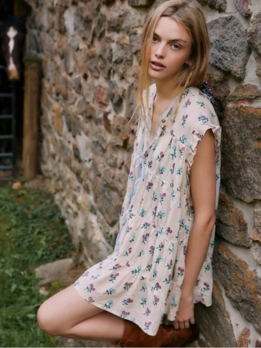 Free People Bohemian Prairie Sundown Mini Dress Tunic Top Ivory Combo Large - Picture 4 of 15